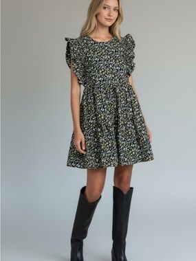 English Factory Floral Ruffle Sleeve Mini Dress - Black & Olive